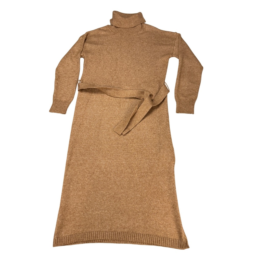 Rachel Zoe Womens Camel Brown Turtleneck Belted Knit Midi Sweater Dress Size L